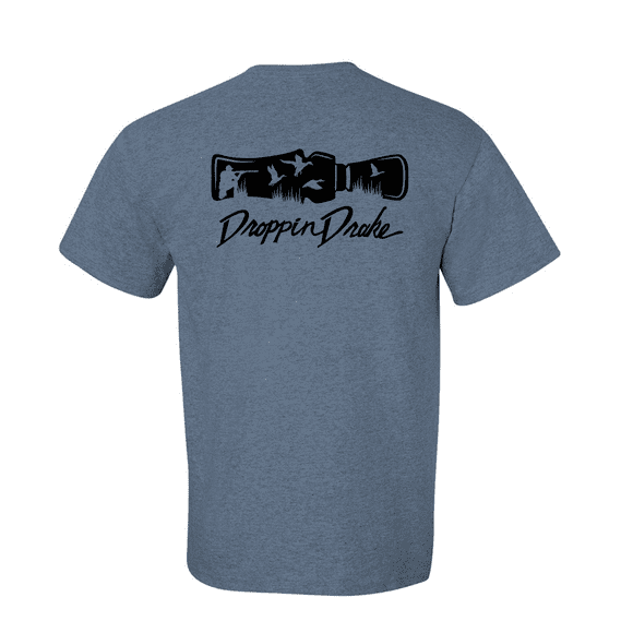 Mens Droppin Drake Hunting Scene Duck Call Hunting Scene Southern Mens Short Sleeve T-Shirt-Heather Indigo-Large