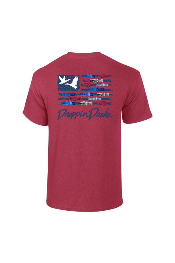 Mens Droppin Drake Red White & Blue Lettering Duck Call USA Flag Mens Short Sleeve T-Shirt-Antique Cherry-Medium