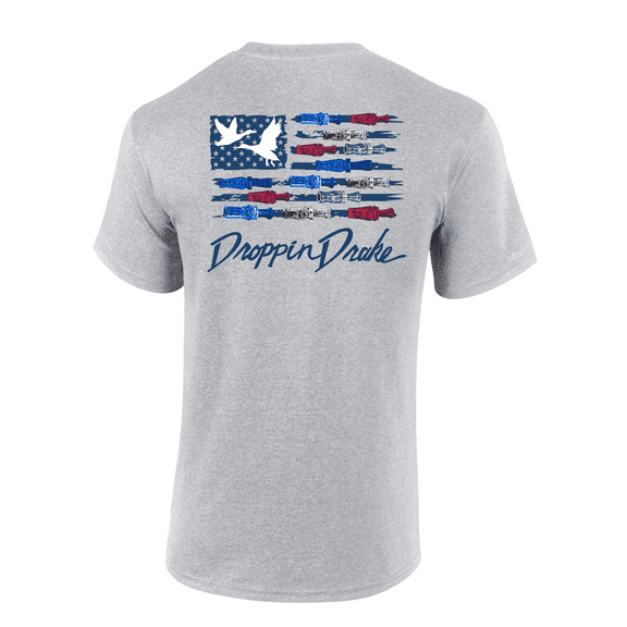 Mens Droppin Drake Red White & Blue Lettering Duck Call USA Flag Mens Short Sleeve T-Shirt-Sport Grey-Small