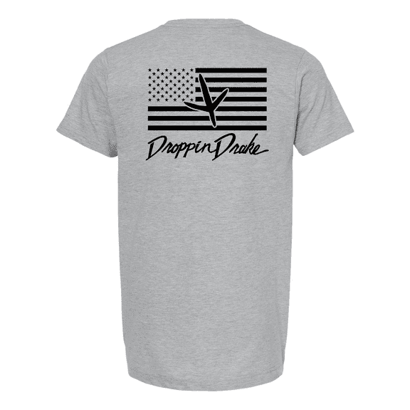 Mens Droppin Drake Turkey Footprint USA Flag Background Ring Spun Cotton Short Sleeve T-Shirt-Heather Grey-Medium