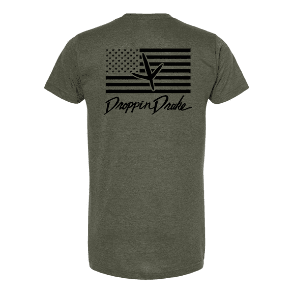 Mens Droppin Drake Turkey Footprint USA Flag Background Ring Spun Cotton Short Sleeve T-Shirt-Heather Military Green-Medium