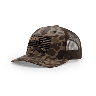 Mens Droppin Drake Turkey Footprint on American Flag Southern Hunting Mens Embroidered Mesh Back Trucker Hat-Bark/Camo