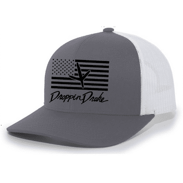 Mens Droppin Drake Turkey Footprint on American Flag Southern Hunting Mens Embroidered Mesh Back Trucker Hat-Charcoal/White