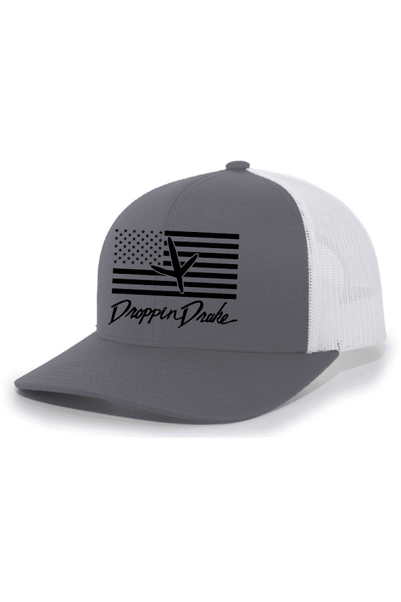 Mens Droppin Drake Turkey Footprint on American Flag Southern Hunting Mens Embroidered Mesh Back Trucker Hat-Charcoal/White