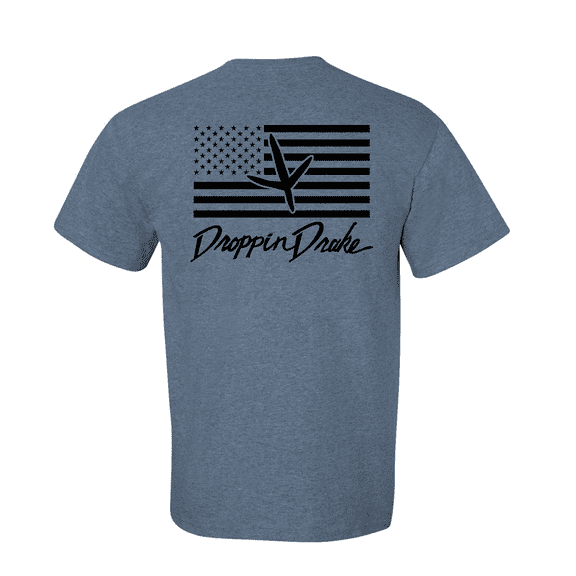 Mens Droppin Drake Turkey Footprint on American Flag Southern Hunting Mens Short Sleeve T-Shirt-Heather Indigo-Large