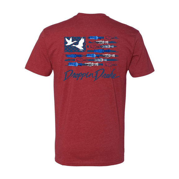 Mens Droppin Drake USA Duck Call Flag Blue Letters Cotton Polyester Blend Short Sleeve T-Shirt-Cardinal-Medium