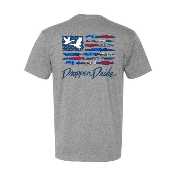 Mens Droppin Drake USA Duck Call Flag Blue Letters Cotton Polyester Blend Short Sleeve T-Shirt-Dark Heather Grey-Small
