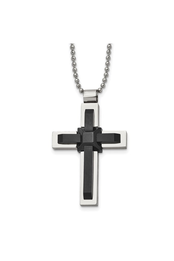 Mens Dual Tone Cross Pendant Necklace Stainless Steel with Matte Black Inlay Beaded Chain Modern Religious Symbol Bold Masculine Rugged Contemporary Faith Jewelry