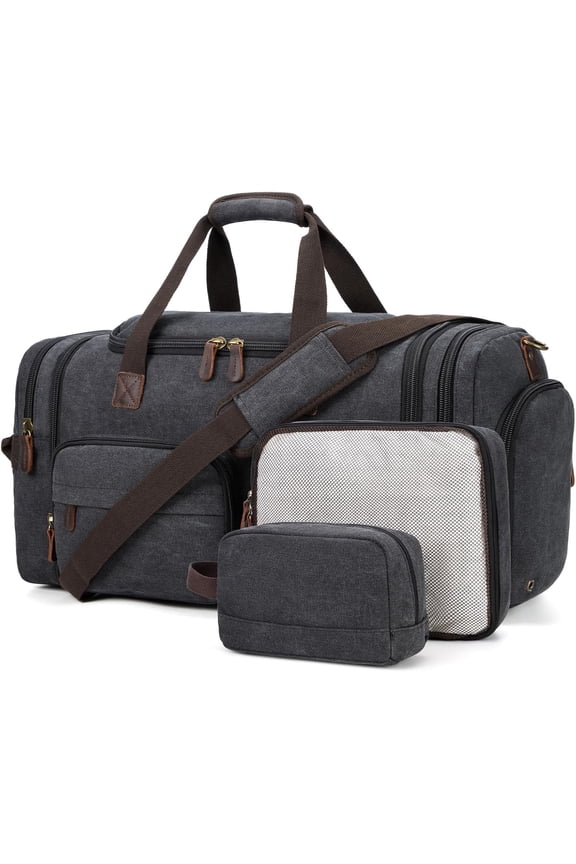Mens Duffle Bag for Travel 60L Expandable Canvas Weekender Overnight Travel Duffel Bag with Shoe Compartment Carry-On for Airplanes Dark Gray