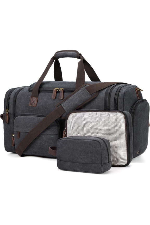 Mens Duffle Bag for Travel 60L Expandable Canvas Weekender Overnight Travel Duffel Bag with Shoe Compartment Carry- for Airplanes Dark Gray