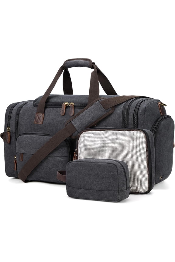 Mens Duffle Bag for Travel 60L Expandable Canvas Weekender Overnight Travel Duffel Bag with Shoe Compartment Carry- for Airplanes Dark Gray