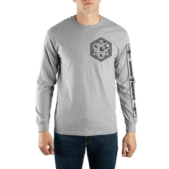 Mens Dungeons and Dragons Game D20 Dice Grey Long Sleeve Shirt-Large