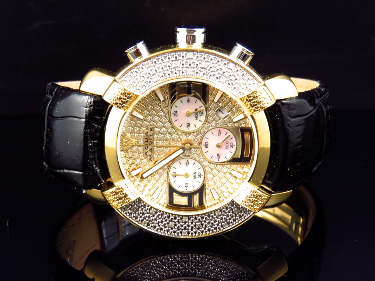 AQUA MASTER Mens Duo-Toned Black Leather Diamond Watch W#96