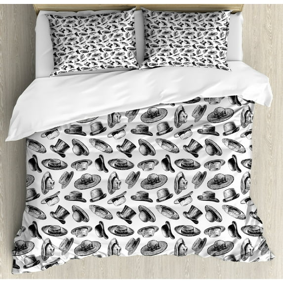 Mens Duvet Cover Set Queen Size, Sketch Style Composition of Hats Top Hat Fedora Twenties Mens Fashion Pattern, Decorative 3 Piece Bedding Set with 2 Pillow Shams, Black and White, by Ambesonne