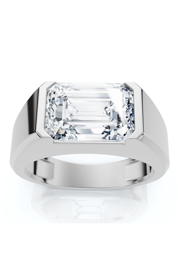 Mens East West Emerald Ring, Mens Solitaire Diamond Engagement Ring, Half Bezel Set Diamond Ring, 2.0 Ct Smulated Diamond, 14K White Gold Plated