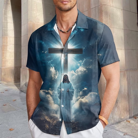 Mens Easter Button Down Shirt With Jesus Cross Print Short Sleeve Lightweight Breathable Casual Top Spring Summer Slim Fit Blue L