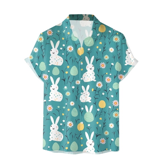 Mens Easter Day T Shirts Button Down Short Sleeve Fun Tops Bunny Printed Spring Casual Tees