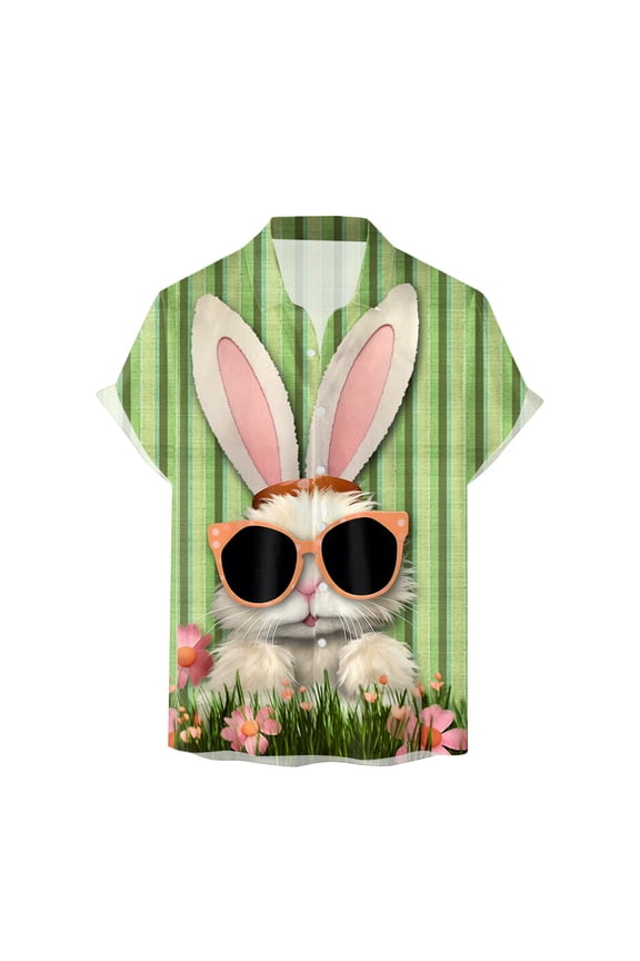 Mens Easter Day T Shirts Button Down Short Sleeve Fun Tops Bunny Printed Spring Casual Tees