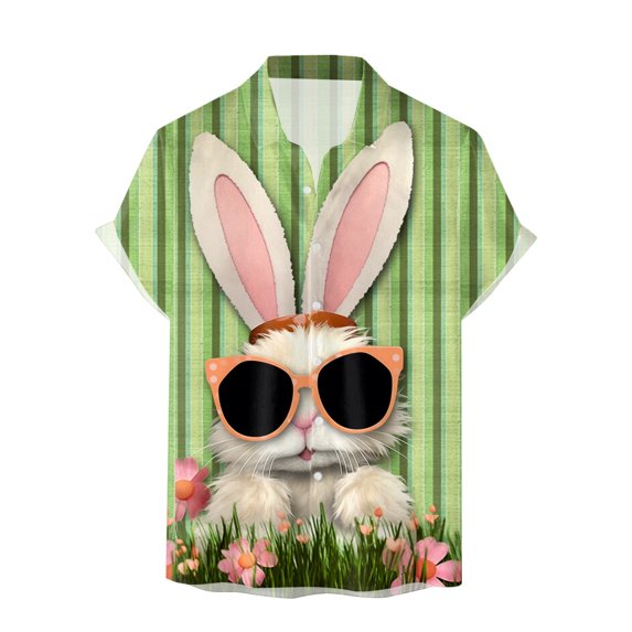 Mens Easter Day T Shirts Button Down Short Sleeve Fun Tops Bunny Printed Spring Casual Tees