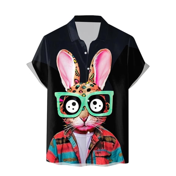 Mens Easter Day T Shirts Button Down Short Sleeve Fun Tops Bunny Printed Spring Casual Tees