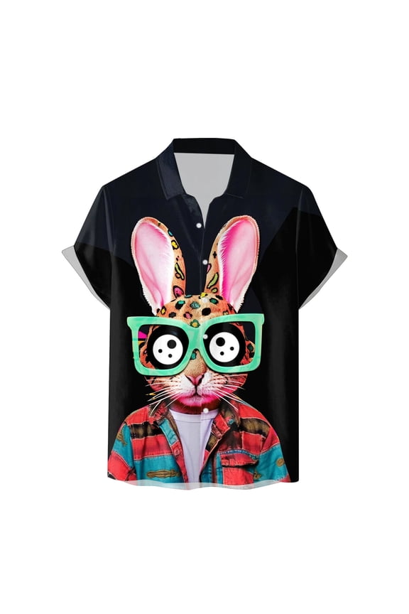 Mens Easter Day T Shirts Button Down Short Sleeve Fun Tops Bunny Printed Spring Casual Tees