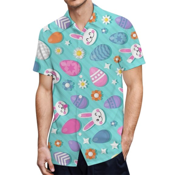 Mens Easter Golf Shirts 3D Digital Printing Pocket Buckle Lapel Short Sleeve Mens Knit Tops,Light Blue,L