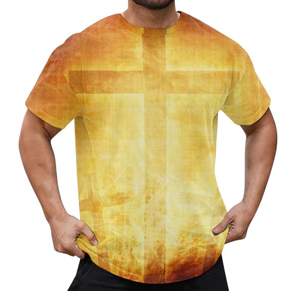 Mens Easter Golf Shirts Print Short Sleeve Round Neck Floral Trend Bottoming Rugby Shirt for Men,Gold,2XL