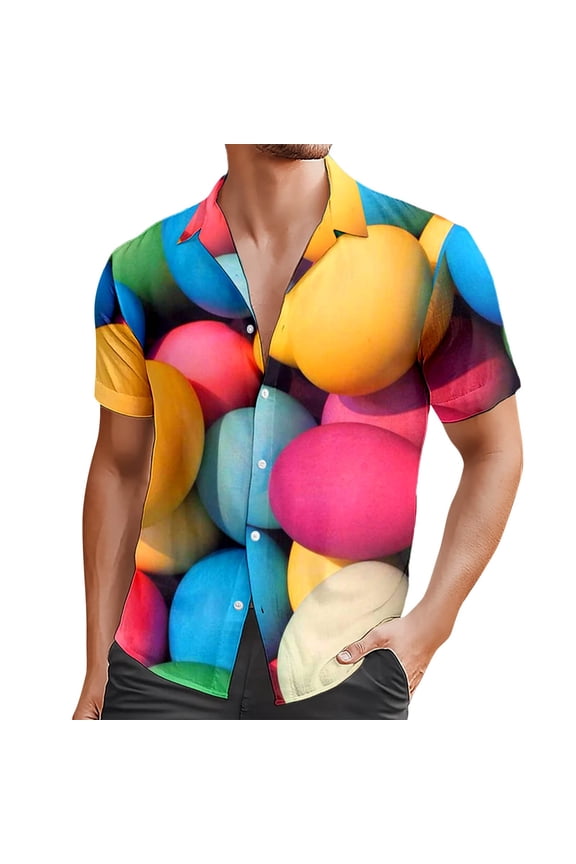 Mens Easter Shirts Egg Printed Button Down Color Blocked Summer Shirt for Men,Pink,L