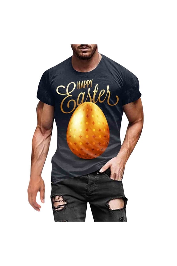 Mens Easter Shirts Fashion Digital 3D Printed Short Sleeve Base Loose Mens Clothing,Gold,XL