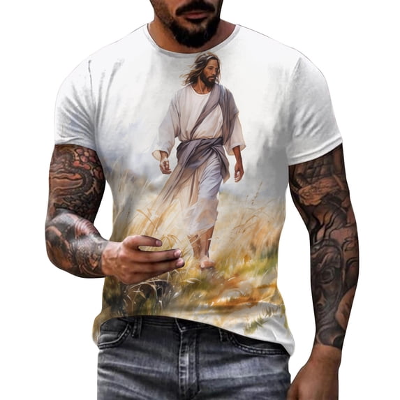 Mens Easter Shirts Letter Print Short Sleeve Round Neck Floral Bottoming Jesus Shirt for Men,Beige,5XL