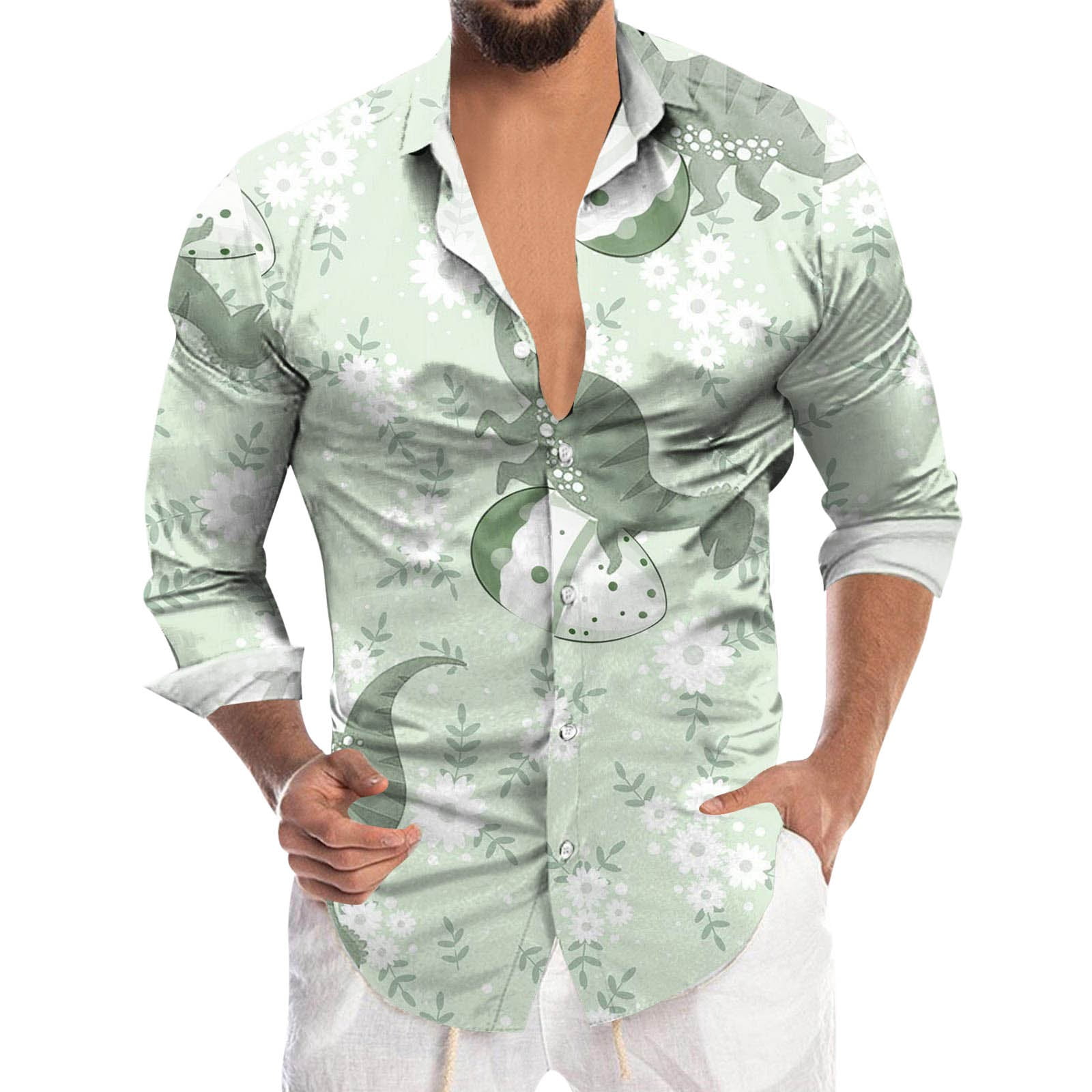 men's easter dress shirts Mens Easter T Shirt Fashion Digital 3D Printed Long Sleeve Lapel Button  Down Mens Activities Shirt,Green,M