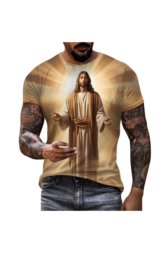 Mens Easter T Shirts Jesus Print Short Sleeve Round Neck Floral Bottoming Mens Performance Polos,Beige-4,XL