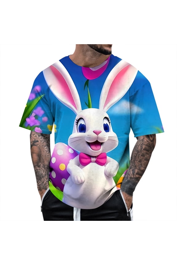 Mens Easter T Shirts Theme Print Short Sleeve Round Neck Floral Trend Bottoming Mens New Clothing,Grey,L