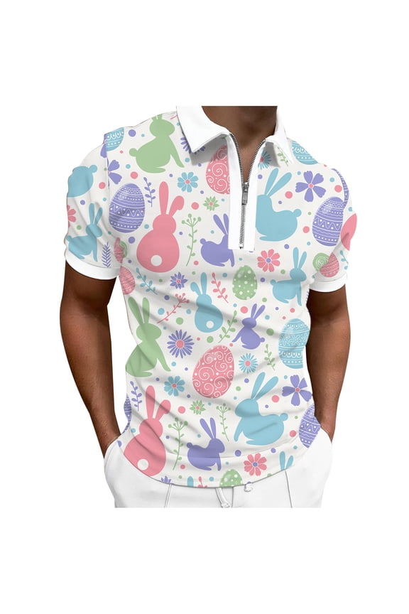 Mens Easter Tee Fashion Digital 3D Printing Lapel Zipper Short Sleeve Holiday Clothing for Men,White,L