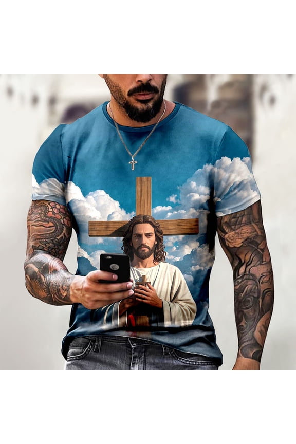 Mens Easter Tops Fashion Short Sleeved Comfortable Mens Sprimg Clothing,Sky Blue,L
