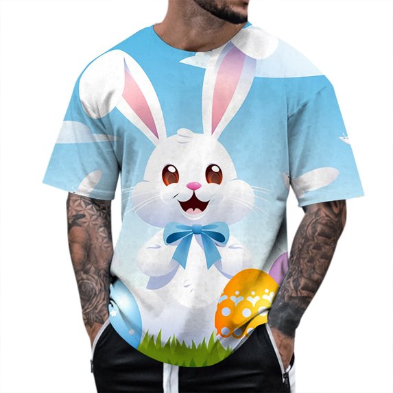 Mens Easter Tops Theme Print Short Sleeve Round Neck Floral Trend Bottoming Mens Graphic T-Shirts,Light Blue,M