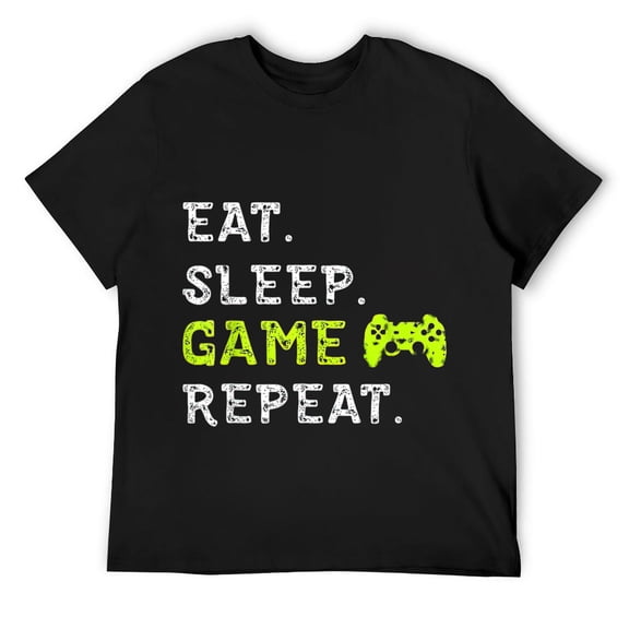 Mens Eat Sleep Game Repeat T-Shirt Funny Video Games Gift Top Tee Black
