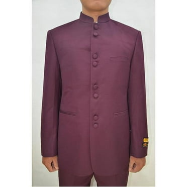 Men's Button Fastener Rhinestone Accents Cross Stripe Camel Mandarin Banded No Collar Suit