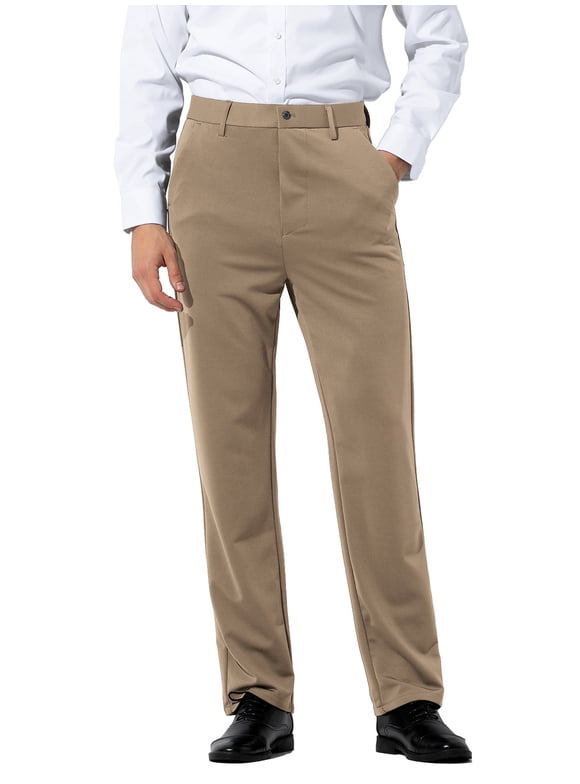 Mens Stretch Dress Pants Flat Front Business Casual Pants Classic Fit Lightweight, Khaki
