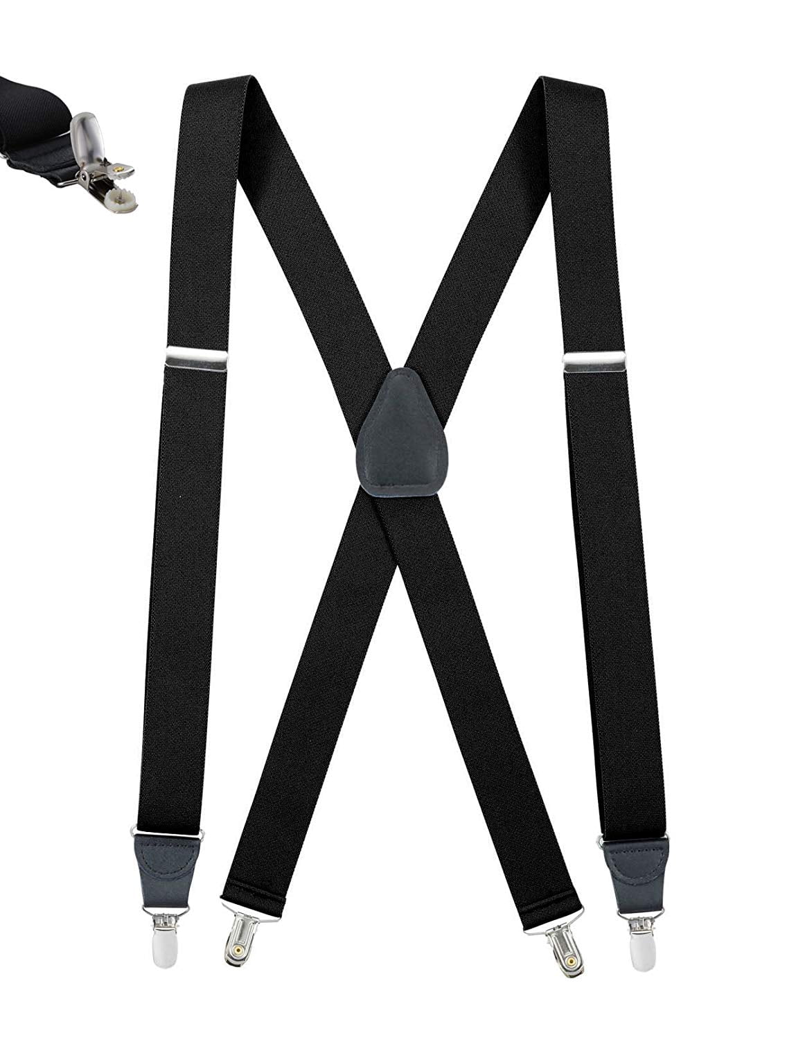 Mens Elastic No Slip "Pin Clip" x Back Suspenders With Leather Trim - Black (Available in 2 Colors)