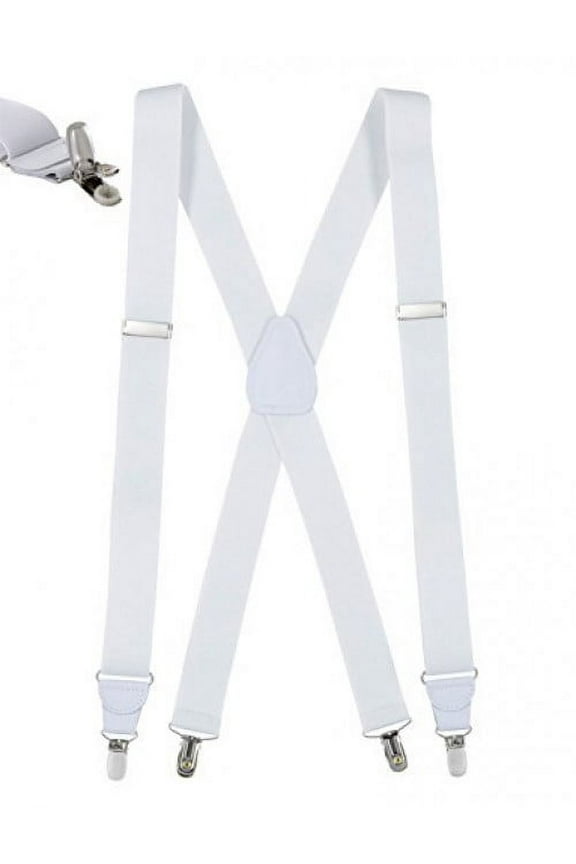 Mens Elastic No Slip "Pin Clip" X Back Suspenders With Leather Trim- White (Regular 46" Long)
