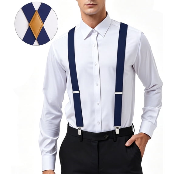Mens Elastic Suspenders Adjustable X-Back with Strong 4 Clips for Work Trousers Weddings Navy Blue