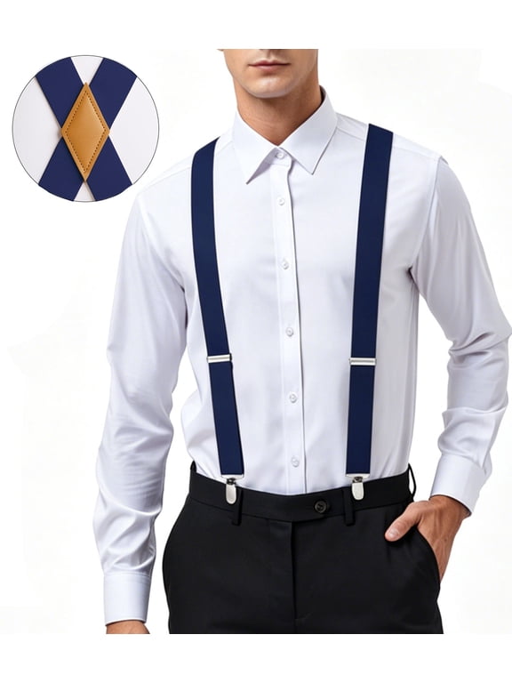 Mens Elastic Suspenders Adjustable X-Back with Strong 4 Clips for Work Trousers Weddings Navy Blue