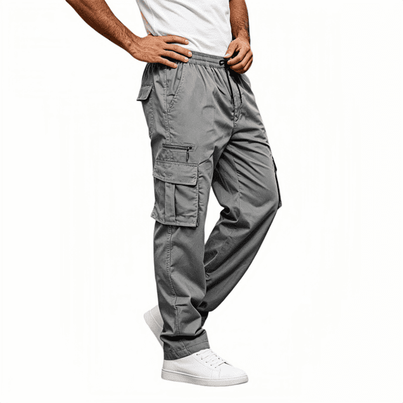 TKKCS Mens Elastic Waist Cargo Pants Full Length Outdoor Casual Adjustable Drawstring Straight Leg Work Trousers with Multi-Pockets Gray L