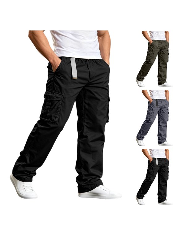 Mens Elastic Waist Cargo Pants Sevevn Full Elastic Waist Strap Loop Flap Cargo Pockets Straight Leg Washed Cotton Trousers for Casual Work Daily Wear