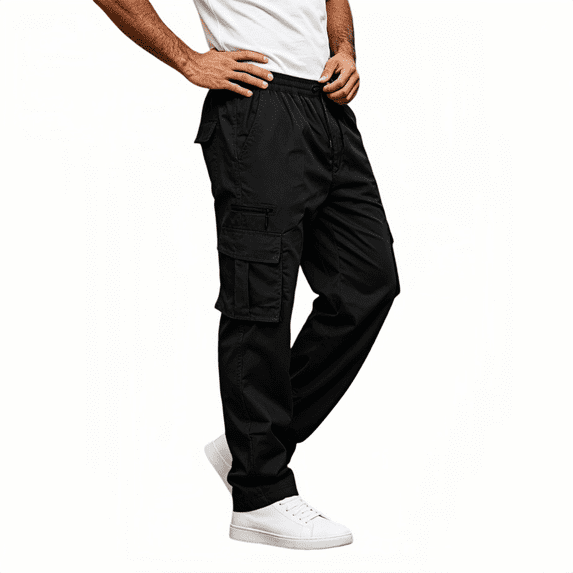 TKKCS Mens Elastic Waist Cargo Pants Straight Leg Full Length Outdoor Casual Adjustable Drawstring Work Trousers with Multi-Pockets Black L