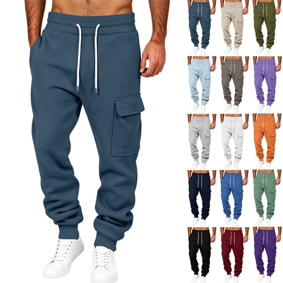 Mens Elastic Waist Cargo Sweatpants,Drawstring Casual Loose Jogger Pants with Side Pockets for Vacation Sightseeing
