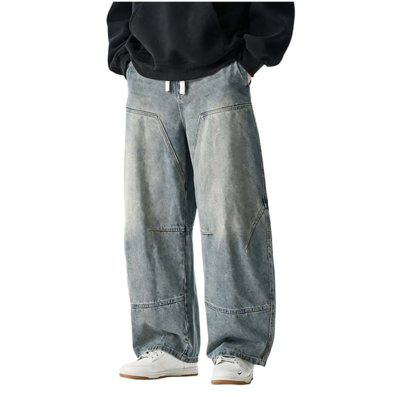 Mens Elastic Waist Jeans Relaxed Fit Men's Barrel Jeans with Drawstring Size M-5XL Dark Blue