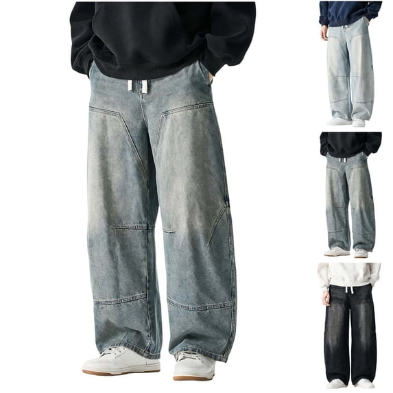 Mens Elastic Waist Jeans Relaxed Fit Men's Barrel Jeans with Drawstring Size M-5XL Light Blue
