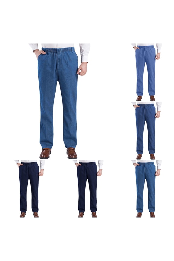Mens Elastic Waist Jeans Stretch Straight Leg Casual Pull On Denim Pants High Waist Loose Blue XXL
